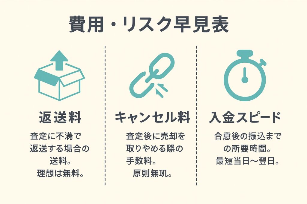 費用・リスク早見表｜返送料・キャンセル料・入金スピードを徹底比較